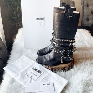 Moschino Tall Studded Leather Biker Motorcycle Boot 10 w/ Box